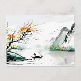 Cartão Postal Pescador Chinês num Lago de Montanha