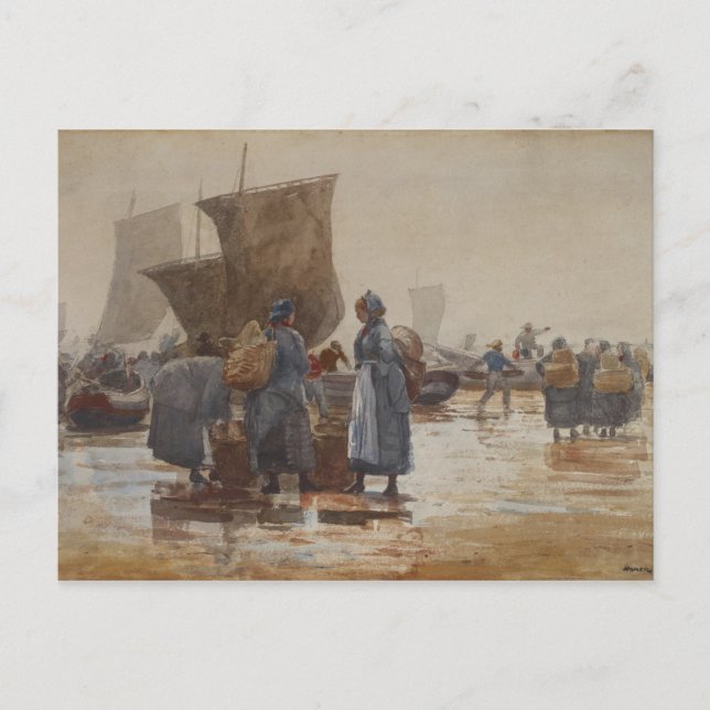 Cartão Postal Pescadores de Homer na praia em Cullercoats (Frente)