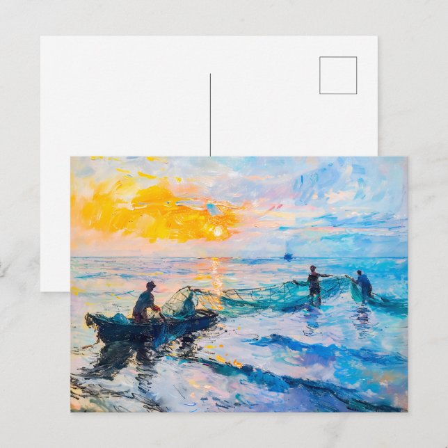 Cartão Postal Pescadores na cena costeira impressionista sunset (Frente/Verso)