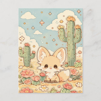 Cartão Postal Pêssego Deserto Flor Kawaii Raposa Fennec