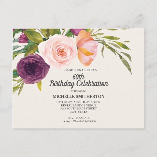 Cartão Postal Pêssego Púrpura Aquarela Vitória Floral 60º Aniver (Frente)