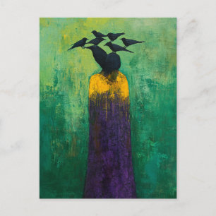 Cartão Postal Pessoa Abstrata Pássaros Pretos na Cabeça