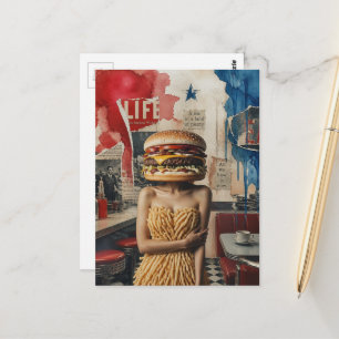 Cartão Postal Pessoa Abstrata Surrealista com Cabeça de Hambúrgu