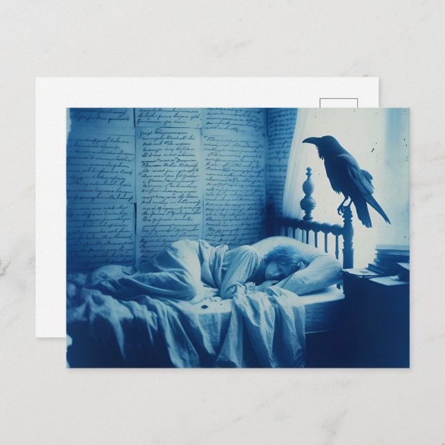 Cartão Postal Pessoa que dorme e um Poe Raven (Frente/Verso)