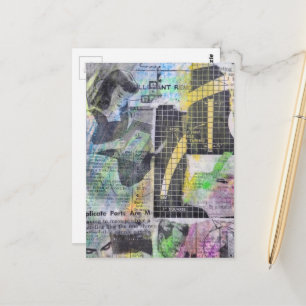 Cartão Postal Pessoas de marcenaria retrô colagem de mídia mista