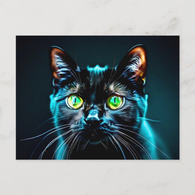 Cartão Postal Pet Gatinho Feliz de Gato Negro Olhos Verdes (Frente)