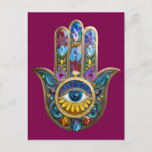 Cartão Postal Pétalas Coloridas Folhas Hamsa Safira Terceiro Olh