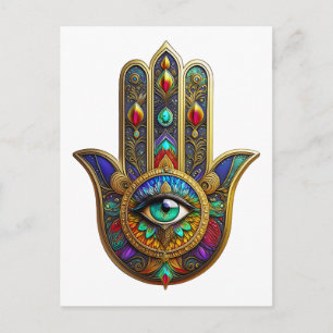 Cartão Postal Pétalas de Flor de Cor de Pavão Hamsa Terceiro Olh