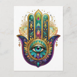 Cartão Postal Pétalas Violeta Verde Dourado Hamsa Turquesa Terce