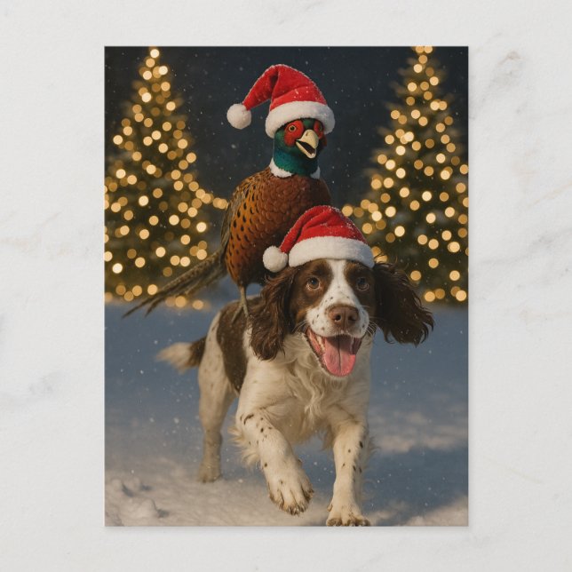 Cartão Postal Pheasant on Springer Spaniel Christmas postcard (Frente)