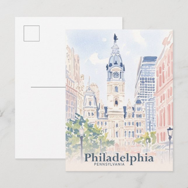 Cartão Postal Philadelphia Pennsylvania EUA Watercolor Viagem (Frente/Verso)