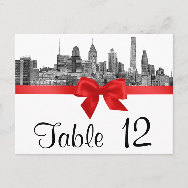 Cartão Postal Philadelphia Skyline Etch BW Red Table Number (Frente)