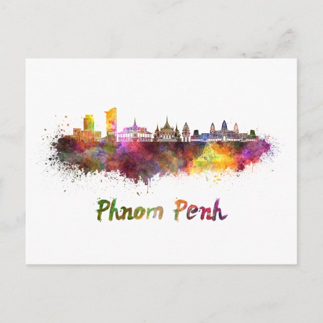Cartão Postal Phnom Penh skyline in watercolor (Frente)