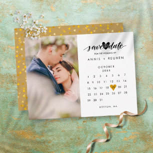 Cartão Postal Photo Save the Date Calendar Chic Gold Heart 