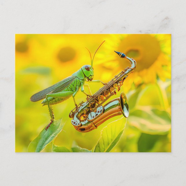 Cartão Postal Photorealistic Grasshopper Playing Saxophone (Frente)