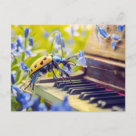 Cartão Postal Photorealistic Oil Beetle Playing Piano Among Blue