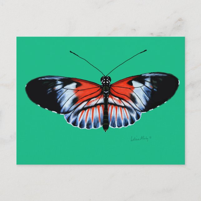 Cartão Postal Piano Key Butterfly Painting com Asas Negras, Verm (Frente)