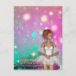 Cartão Postal Píano Surreal Fundo Verde e Rosa & Ballerina