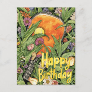 Cartão Postal Pickleball com flores tema de Aniversário