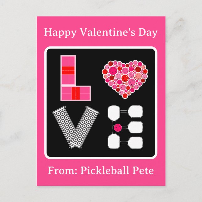 Cartão Postal Pickleball Love Heart Court Balls Paddles Pink Red (Frente)