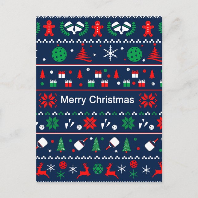 Cartão Postal Pickleball 🎄 Ugly Sweater Natal, texto personaliz (Frente)