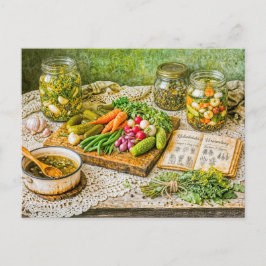Cartão Postal Pickled Cucumbers and Fresh Vegetables in Rustic V