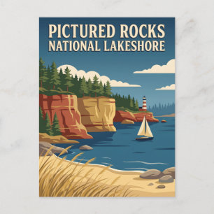 Cartão Postal Pictured Rocks Michigan Costa do Lago Vintage Post