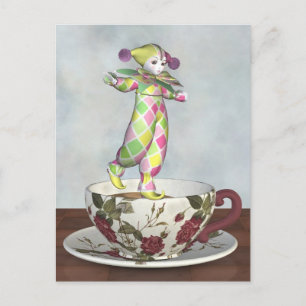 Cartão Postal Pierrot Clown Doll Balancing on a Tea Cup