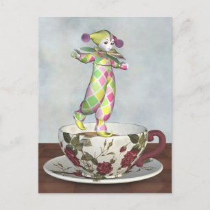 Cartão Postal Pierrot Clown Doll Balancing on a Tea Cup