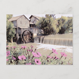 Cartão Postal Pigeon Forge Old Mill watercolor com flores