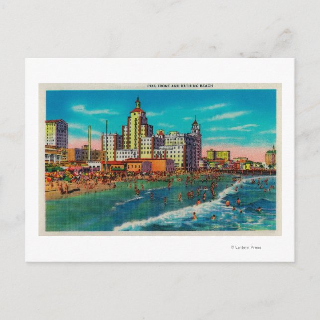 Cartão Postal Pike Front and Bathing Beach, Long Beach (Frente)