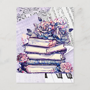 Cartão Postal Pilha de livros antigos e rosas