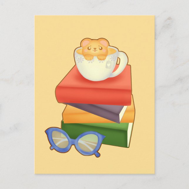 Cartão Postal Pilha de Livros e Urso de Xícara de Chá (Frente)