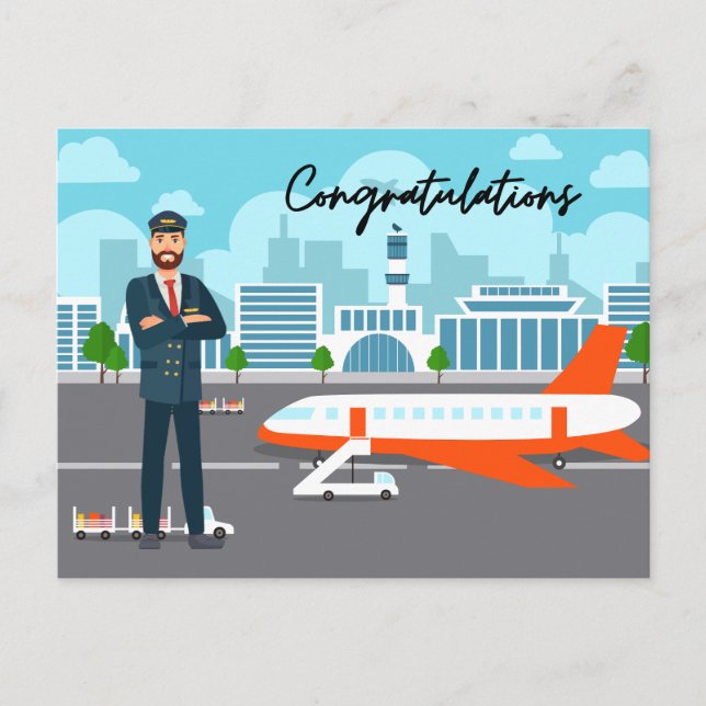 Cartão Postal Pilot Congratulations with airport Background (Frente)