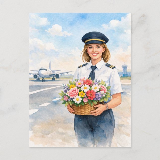 Cartão Postal Pilot holds flowers standing on runway  (Frente)