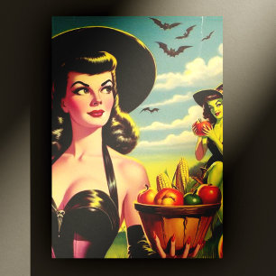 Cartão Postal Pin-up de Bruxa de Halloween de Bonito Vintage