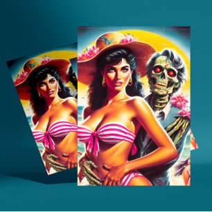 Cartão Postal Pin-up de Praia de Zumbi Sinistro
