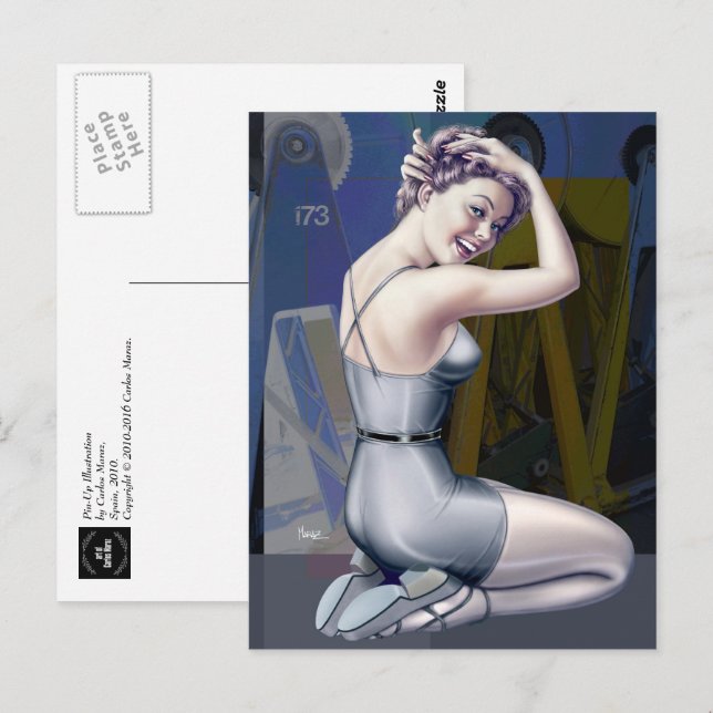 Cartão Postal Pin-Up Girl with Industrial Background Postcard (Frente/Verso)