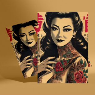 Cartão Postal Pin-up tatuado japonês