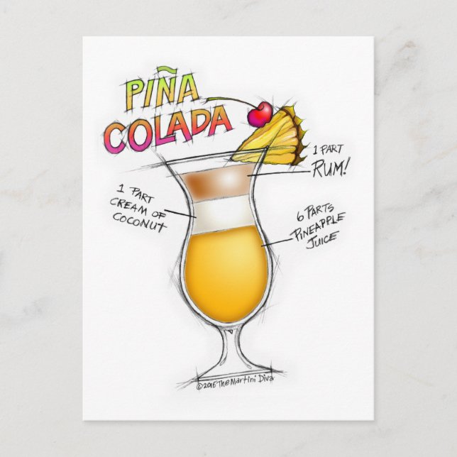 CARTÃO POSTAL PINA COLADA RECIPE COCKTAIL ART (Frente)