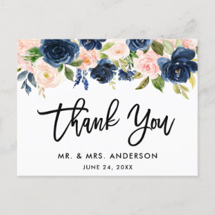 Cartão Postal Pincel Agradecimento de Casamento Floral Rosa Azul