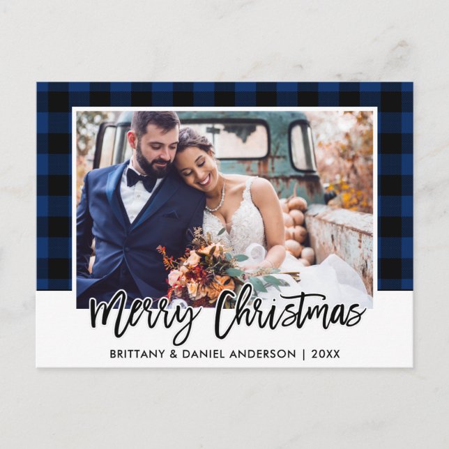 Cartão Postal Pincel Azul Xadrez Casamento Foto Natal (Frente)