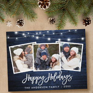 Cartão Postal Pincel - Script Blue Wood Lights Holiday 3 Photo