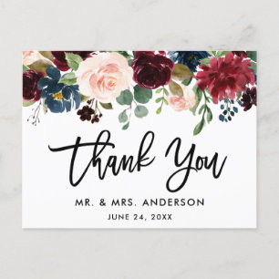 Cartão Postal Pincel Script Burgundy Blue Floral Casamento Obrig