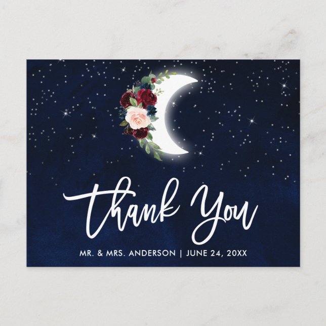 Cartão Postal Pincel Script Casamento Celestial Floral Lua Obrig (Frente)