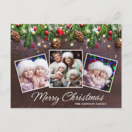 Cartão Postal Pine Cones Rustic Felry Christmas 3 Photo Holiday