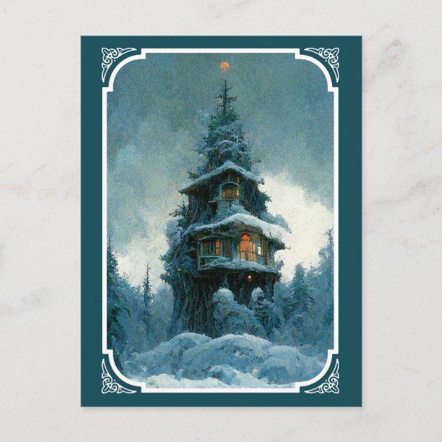 Cartão Postal Pine Tree House, No Inverno | Árvore de Natal (Frente)