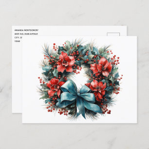 Cartão Postal Pine Wreath com Holly Christmas
