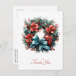 Cartão Postal Pine Wreath com Holly Christmas Obrigado