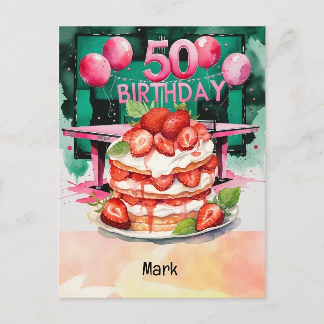 Cartão Postal Ping Pong 50º aniversário com Bolo (Frente)